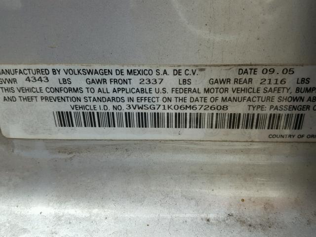 3VWSG71K06M672608 - 2006 VOLKSWAGEN JETTA 2.5 SILVER photo 10