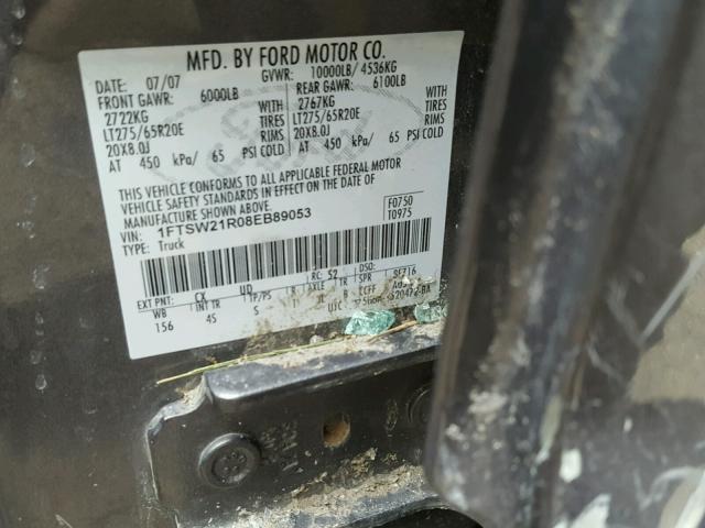 1FTSW21R08EB89053 - 2008 FORD F250 SUPER GRAY photo 10