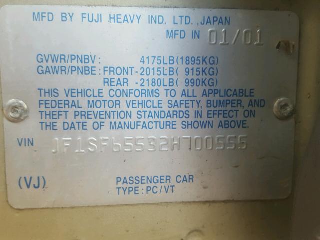 JF1SF65532H700555 - 2002 SUBARU FORESTER S GOLD photo 10