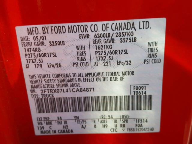 2FTRX07L41CA84871 - 2001 FORD F150 RED photo 10