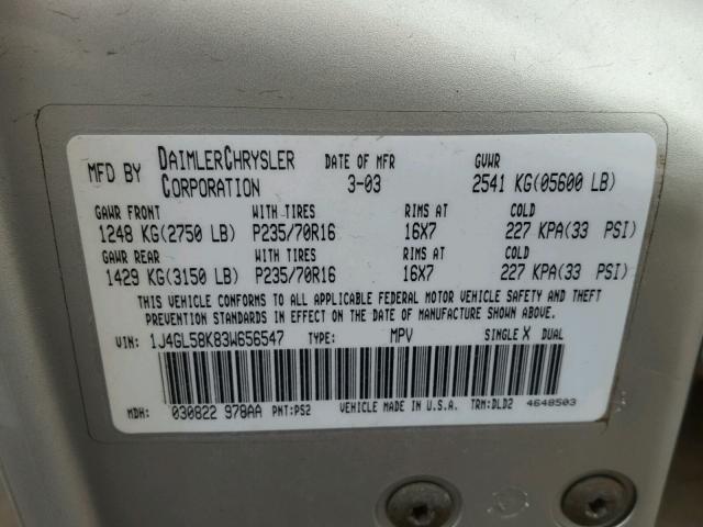 1J4GL58K83W656547 - 2003 JEEP LIBERTY LI SILVER photo 10