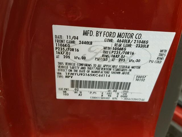 1FMYU93165KC44114 - 2005 FORD ESCAPE XLT RED photo 10