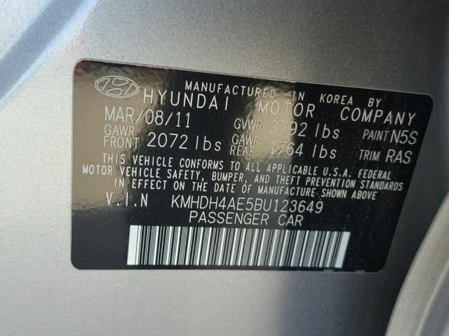 KMHDH4AE5BU123649 - 2011 HYUNDAI ELANTRA GL SILVER photo 10