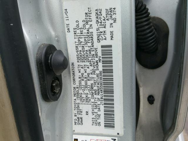 JTEBU14R558038386 - 2005 TOYOTA 4RUNNER SR SILVER photo 10