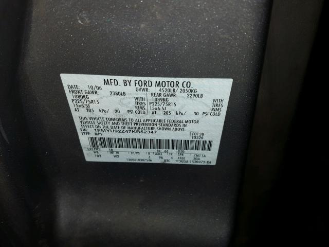 1FMYU92Z47KB52347 - 2007 FORD ESCAPE XLS GRAY photo 10