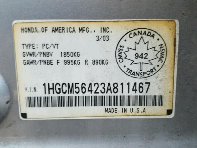 1HGCM56423A811467 - 2003 HONDA ACCORD LX SILVER photo 10