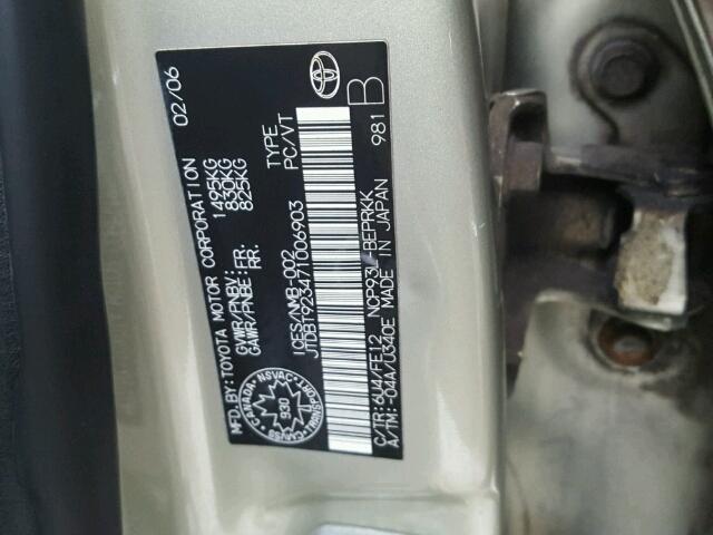 JTDBT923471006903 - 2007 TOYOTA YARIS GREEN photo 10