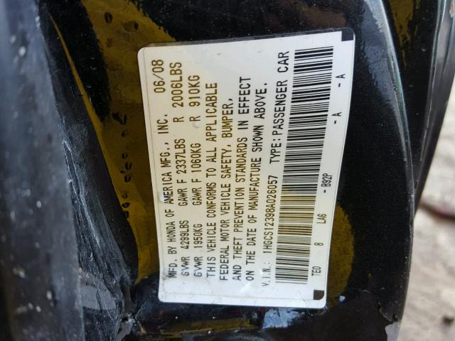 1HGCS12398A026057 - 2008 HONDA ACCORD LX- BLACK photo 10