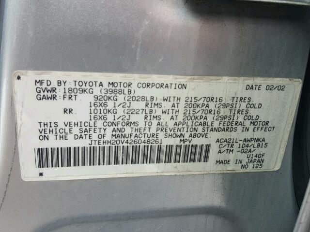 JTEHH20V426048261 - 2002 TOYOTA RAV4 SILVER photo 10