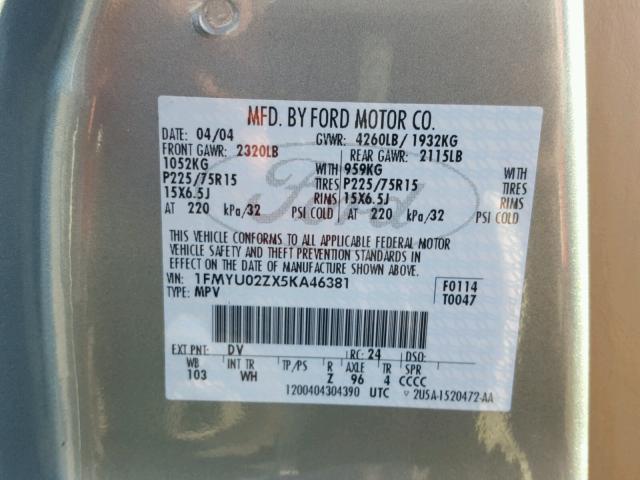 1FMYU02ZX5KA46381 - 2005 FORD ESCAPE XLS GREEN photo 10