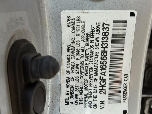 2HGFA16568H313837 - 2008 HONDA CIVIC LX SILVER photo 10