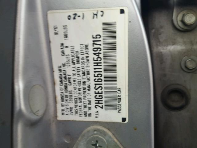 2HGES16511H549715 - 2001 HONDA CIVIC LX SILVER photo 10