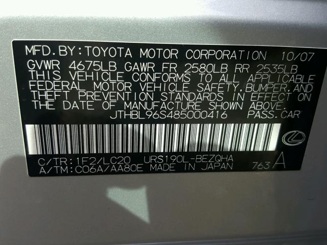 JTHBL96S485000416 - 2008 LEXUS GS 460 SILVER photo 10