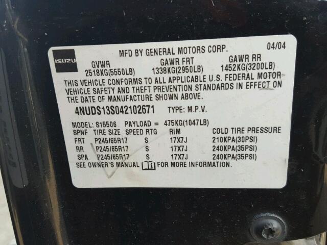 4NUDS13S042102671 - 2004 ISUZU ASCENDER S 黑色 照片 10