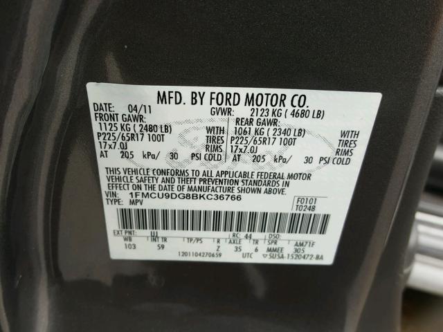 1FMCU9DG8BKC36766 - 2011 FORD ESCAPE XLT GRAY photo 10