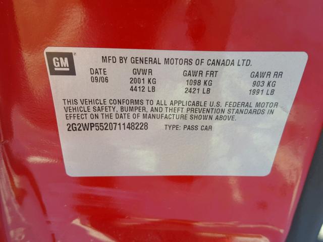 2G2WP552071148228 - 2007 PONTIAC GRAND PRIX RED photo 10