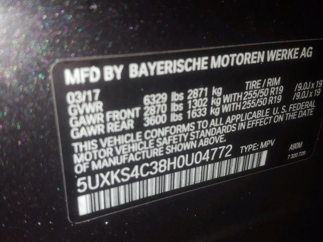 5UXKS4C38H0U04772 - 2017 BMW X5 XDRIVE3 BLACK photo 10