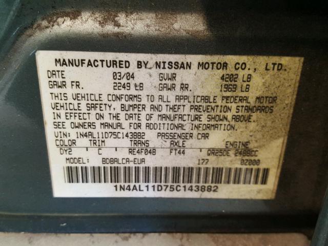 1N4AL11D75C143882 - 2005 NISSAN ALTIMA S GREEN photo 10