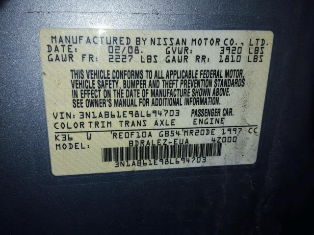 3N1AB61E98L694703 - 2008 NISSAN SENTRA 2.0 GRAY photo 10