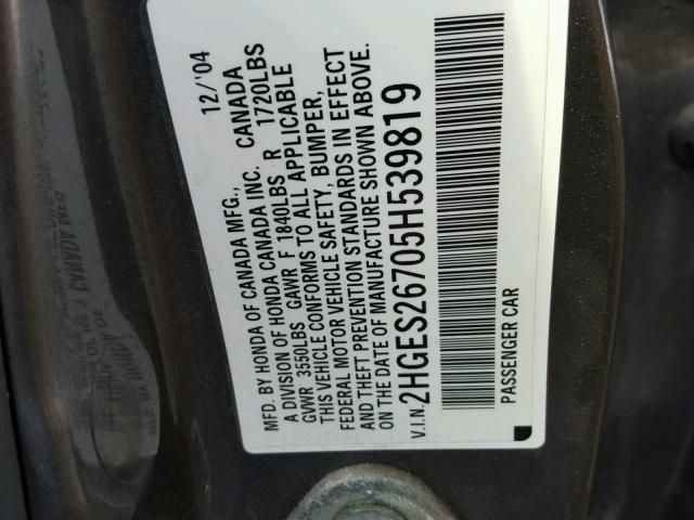 2HGES26705H539819 - 2005 HONDA CIVIC EX GRAY photo 10