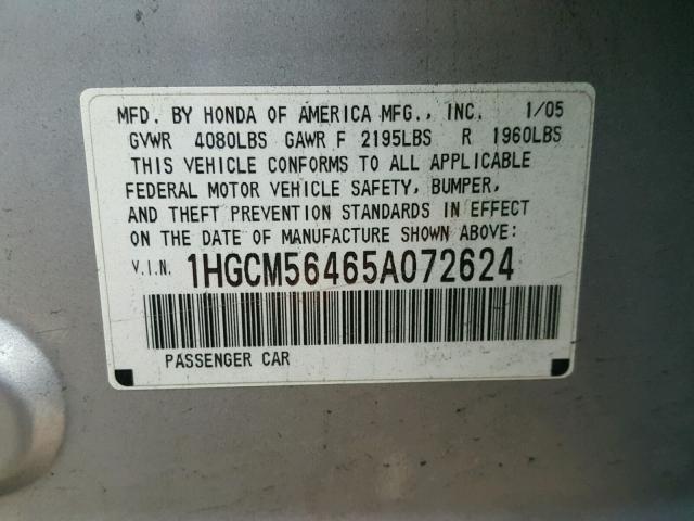 1HGCM56465A072624 - 2005 HONDA ACCORD LX SILVER photo 10