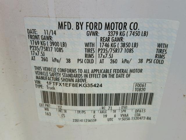 1FTFX1EF8EKG35424 - 2014 FORD F150 SUPER WHITE photo 10