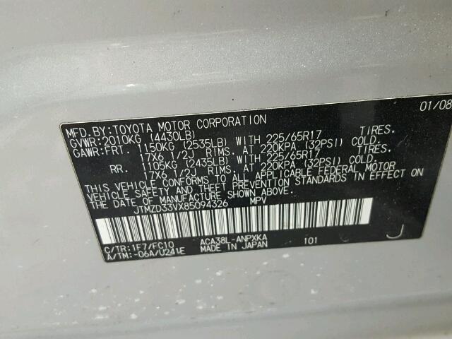 JTMZD33VX85094326 - 2008 TOYOTA RAV4 SILVER photo 10