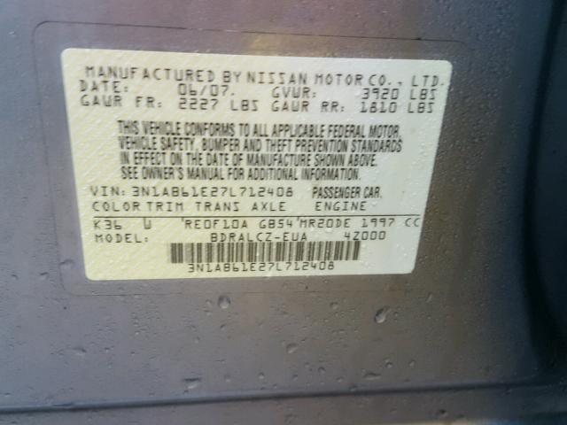 3N1AB61E27L712408 - 2007 NISSAN SENTRA 2.0 GRAY photo 10