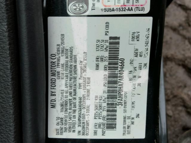 3FAHP0HA7AR404660 - 2010 FORD FUSION SE BLACK photo 10