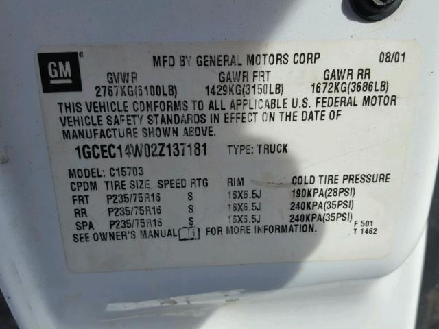 1GCEC14W02Z137181 - 2002 CHEVROLET SILVERADO WHITE photo 10