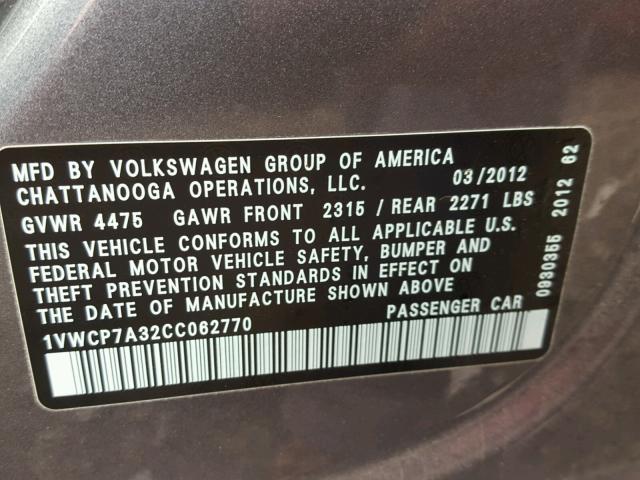 1VWCP7A32CC062770 - 2012 VOLKSWAGEN PASSAT SEL GRAY photo 10