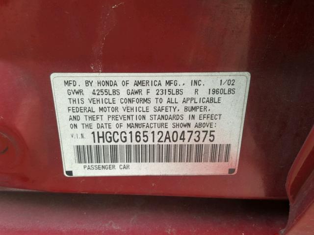 1HGCG16512A047375 - 2002 HONDA ACCORD EX BURGUNDY photo 10