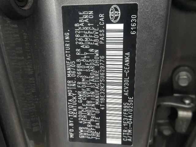 4T1BE32K75U629776 - 2005 TOYOTA CAMRY LE GRAY photo 10