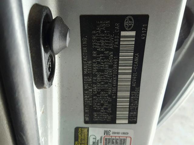 4T1BE46K67U098461 - 2007 TOYOTA CAMRY NEW SILVER photo 10