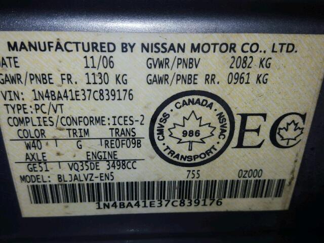 1N4BA41E37C839176 - 2007 NISSAN MAXIMA SE GRAY photo 10