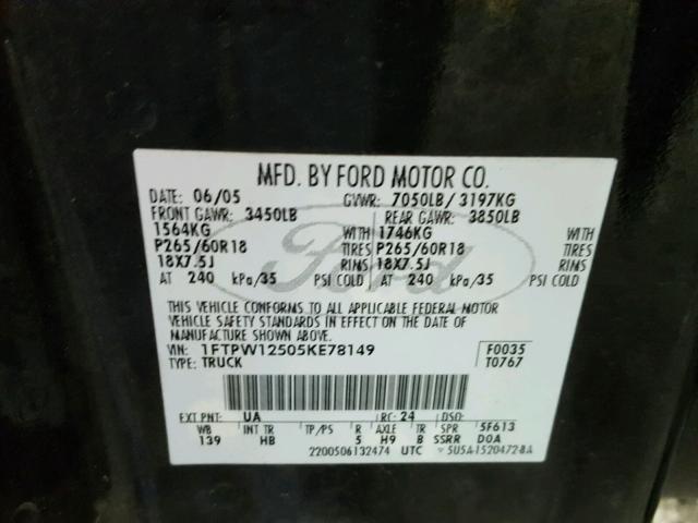 1FTPW12505KE78149 - 2005 FORD F150 SUPER BLACK photo 10