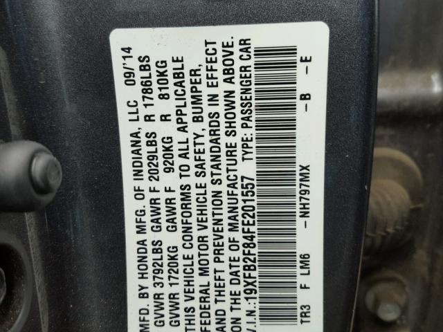 19XFB2F84FE201557 - 2015 HONDA CIVIC EX ნაცრისფერი ფოტო 10