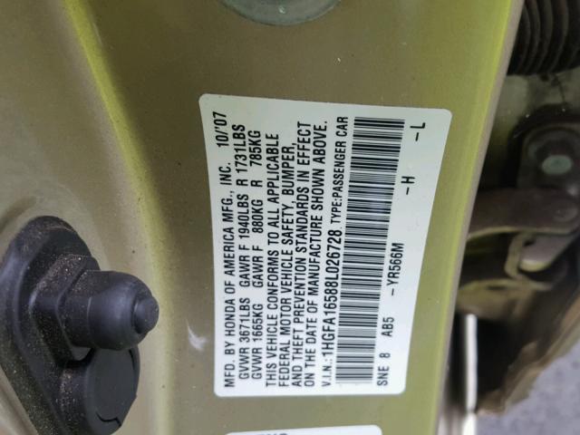 1HGFA16588L026728 - 2008 HONDA CIVIC LX GOLD photo 10