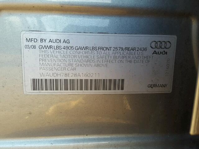 WAUDH78E28A160211 - 2008 AUDI A4 3.2 QUA GRAY photo 10