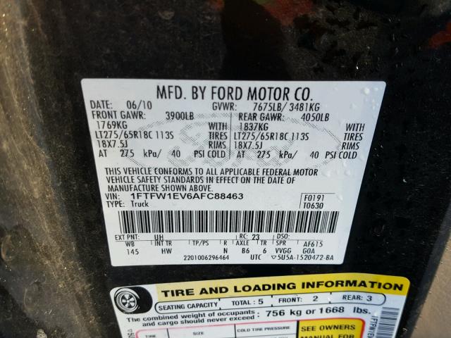 1FTFW1EV6AFC88463 - 2010 FORD F150 SUPER BLACK photo 10