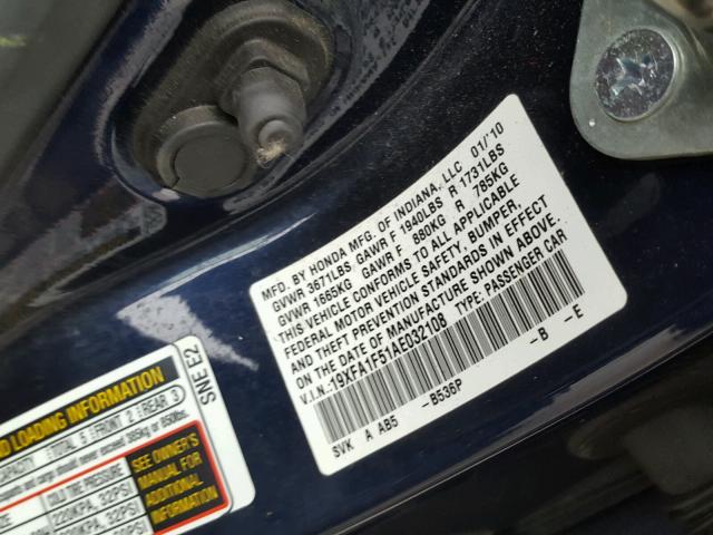 19XFA1F51AE032108 - 2010 HONDA CIVIC LX BLUE photo 10