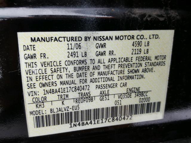 1N4BA41E17C840472 - 2007 NISSAN MAXIMA SE BLACK photo 10