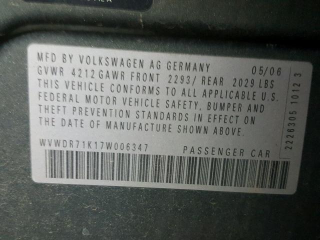 WVWDR71K17W006347 - 2007 VOLKSWAGEN RABBIT GRAY photo 10