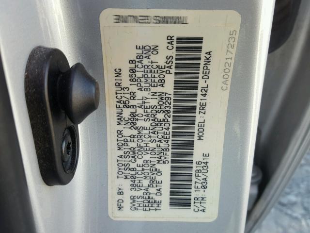 5YFBU4EE4DP203297 - 2013 TOYOTA COROLLA BA SILVER photo 10