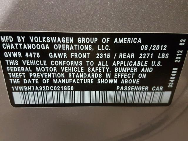 1VWBH7A32DC021856 - 2013 VOLKSWAGEN PASSAT SE SILVER photo 10