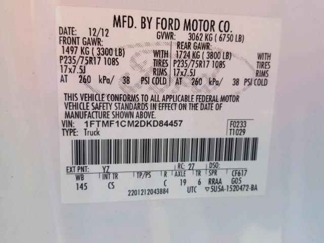 1FTMF1CM2DKD84457 - 2013 FORD F150 WHITE photo 10