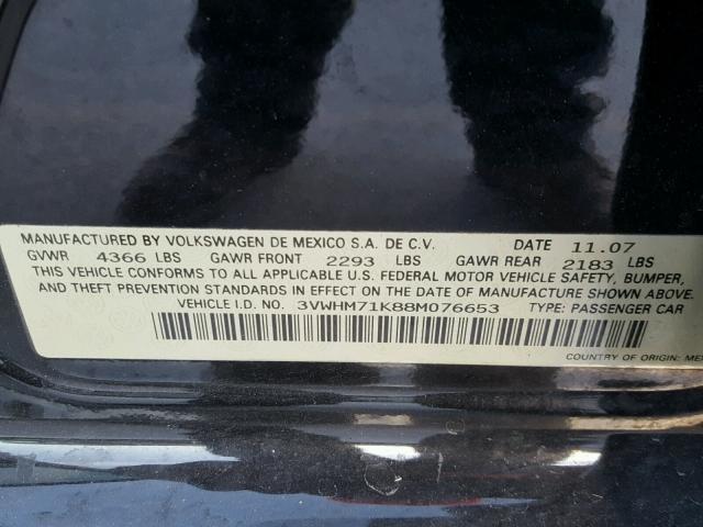 3VWHM71K88M076653 - 2008 VOLKSWAGEN JETTA S BLACK photo 10