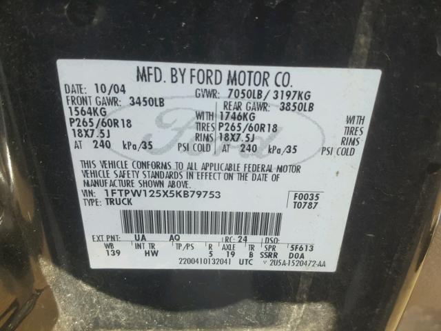 1FTPW125X5KB79753 - 2005 FORD F150 SUPER BLACK photo 10