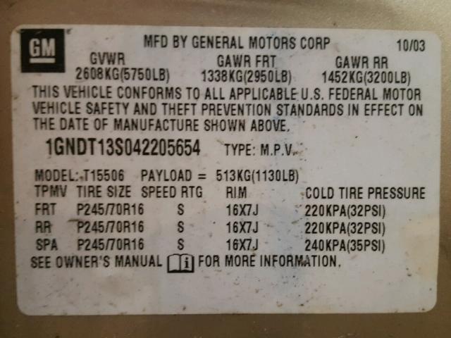 1GNDT13S042205654 - 2004 CHEVROLET TRAILBLAZE TAN photo 10