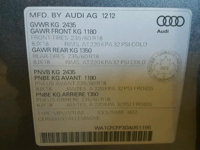 WA1CFCFP3DA051195 - 2013 AUDI Q5 PREMIUM GRAY photo 10